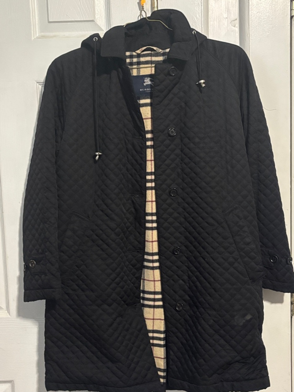Burberry Black Quilted Hooded Trench Coat with Signature Check Lining